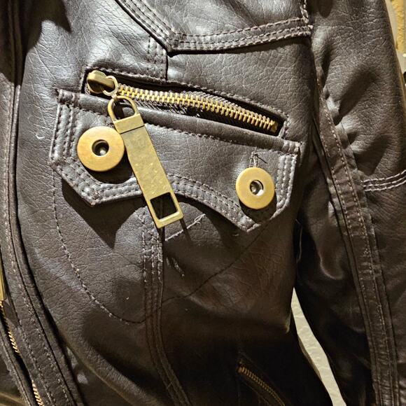 Freda M Brown Faux Leather Moto Jacket Gold Zip Pockets Vegan PVC Lined - Picture 6 of 13